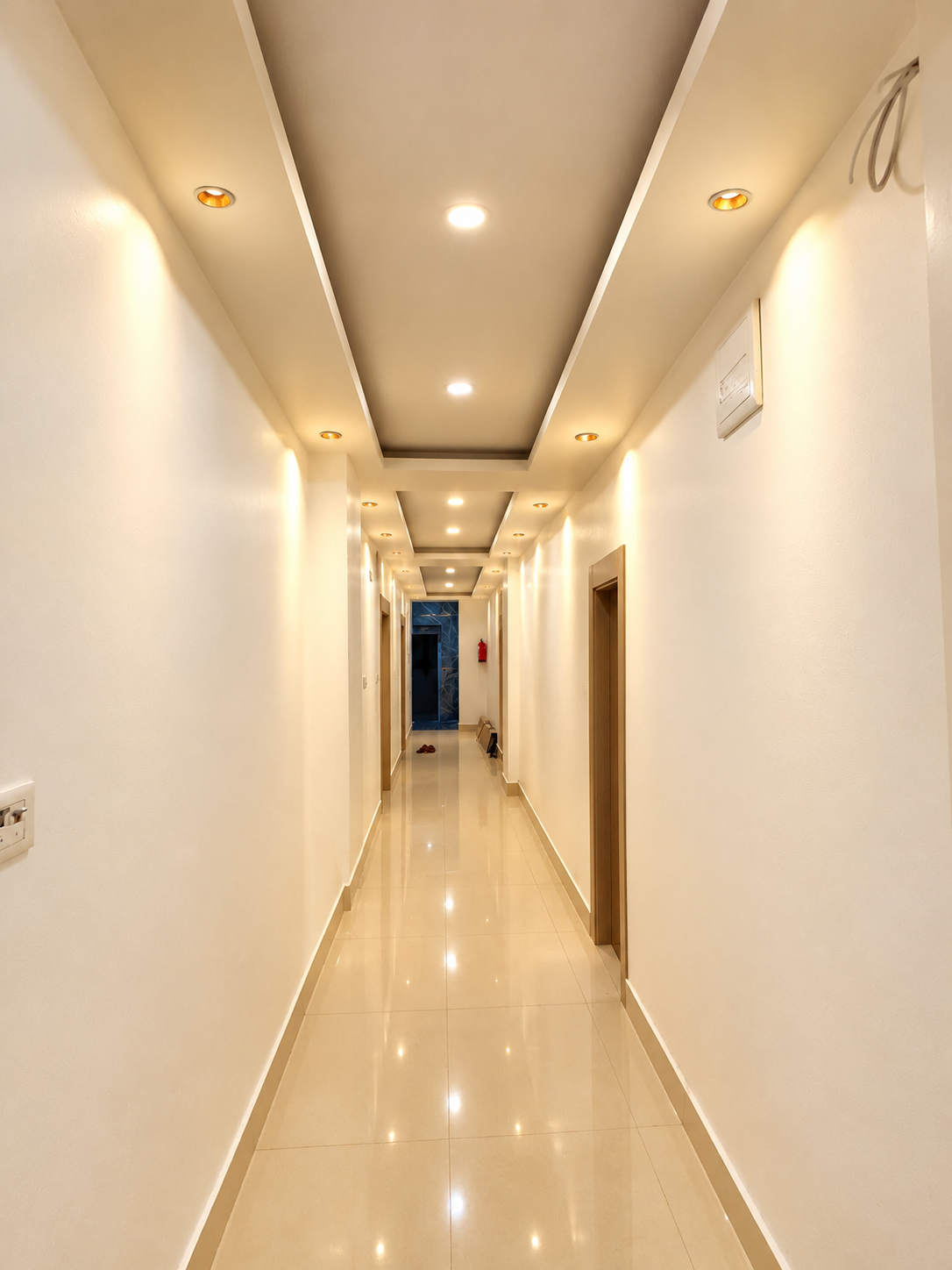 Bright, polished hotel corridor