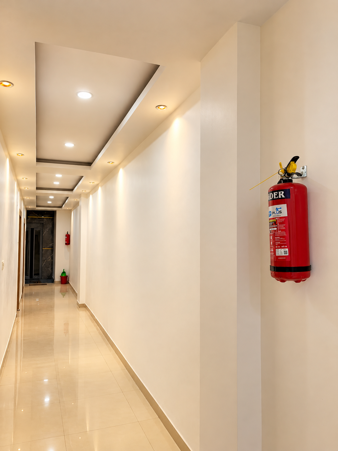 Hotel corridor with safety equipment